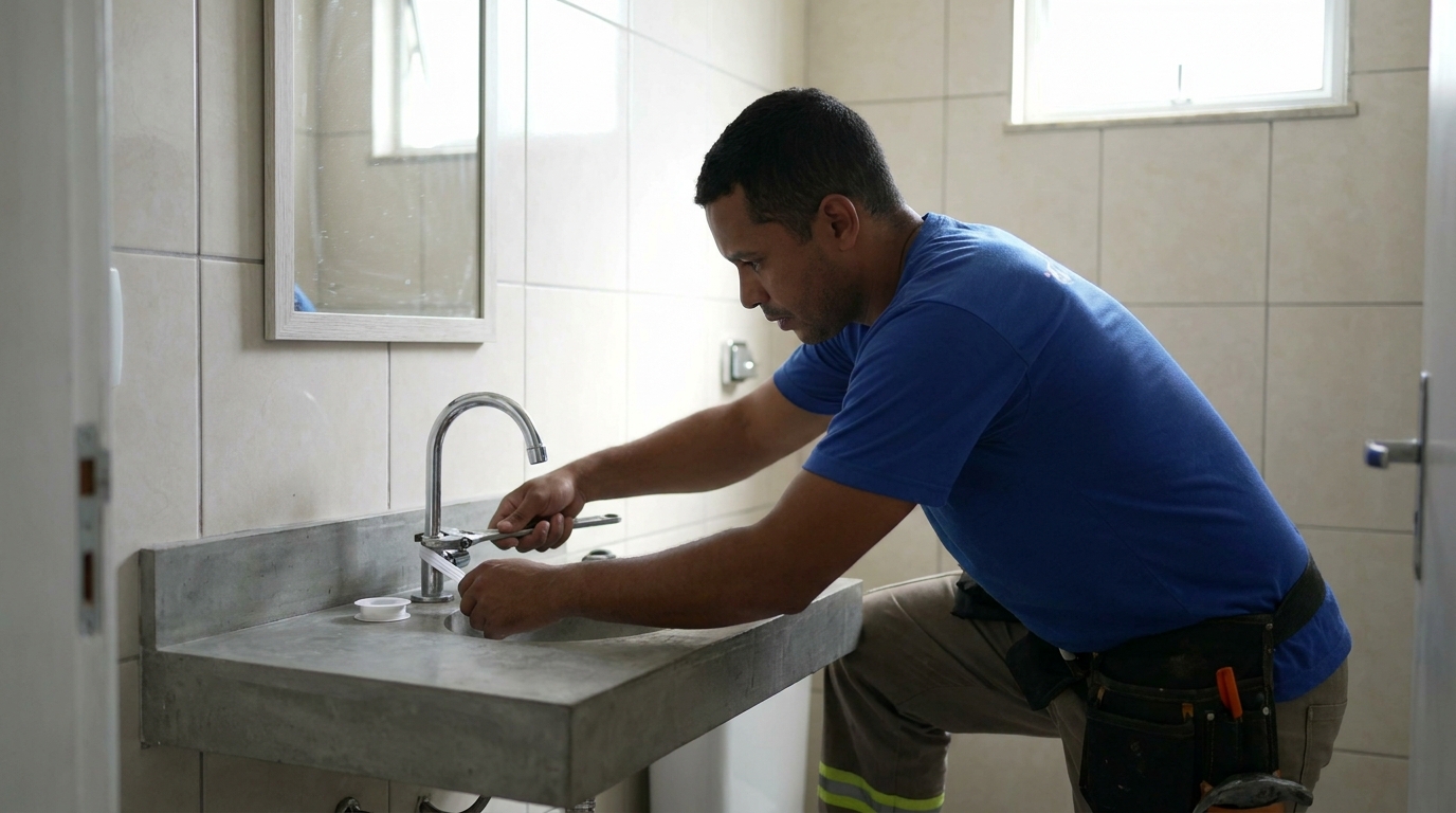 Encanador instalando torneira em Carapicuíba‑SP